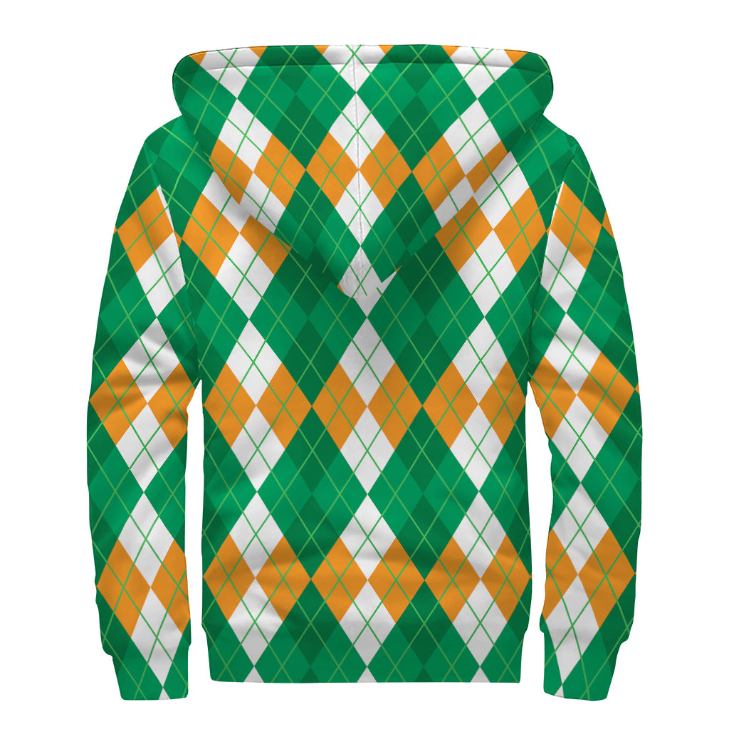 Green Orange And White Argyle Print Sherpa Lined Zip Up Hoodie