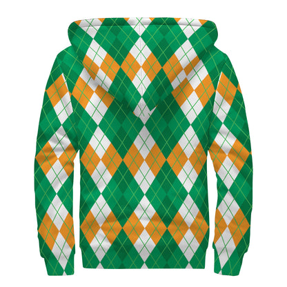 Green Orange And White Argyle Print Sherpa Lined Zip Up Hoodie