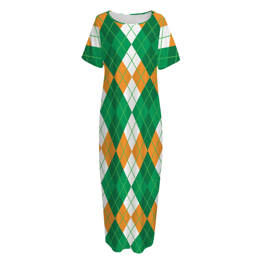 Green Orange And White Argyle Print Short Sleeve Long Nightdress