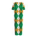 Green Orange And White Argyle Print Short Sleeve Long Nightdress