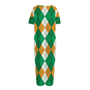 Green Orange And White Argyle Print Short Sleeve Long Nightdress