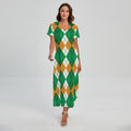 Green Orange And White Argyle Print Short Sleeve Maxi Dress