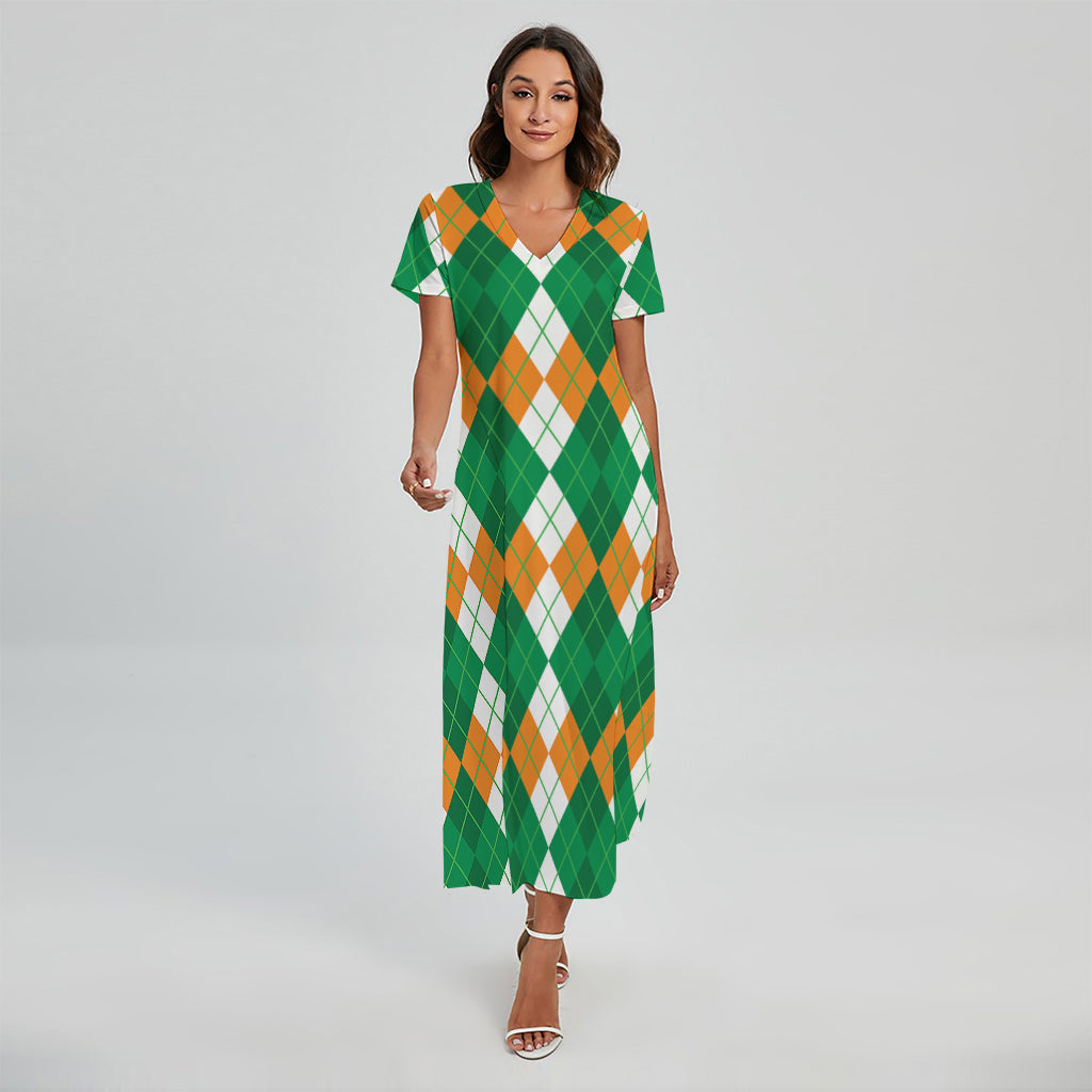 Green Orange And White Argyle Print Short Sleeve Maxi Dress