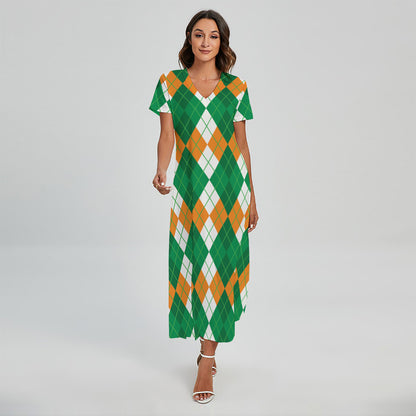 Green Orange And White Argyle Print Short Sleeve Maxi Dress