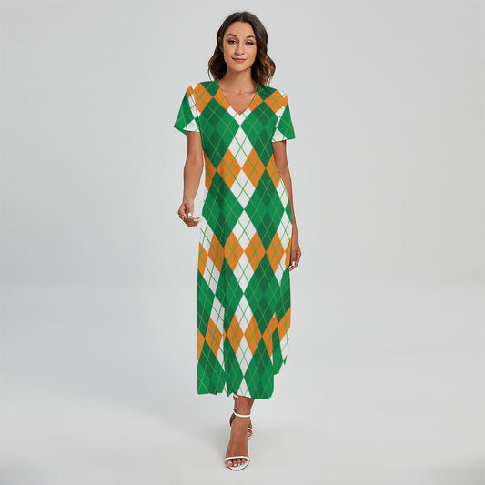 Green Orange And White Argyle Print Short Sleeve Maxi Dress