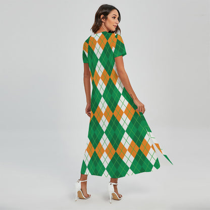 Green Orange And White Argyle Print Short Sleeve Maxi Dress