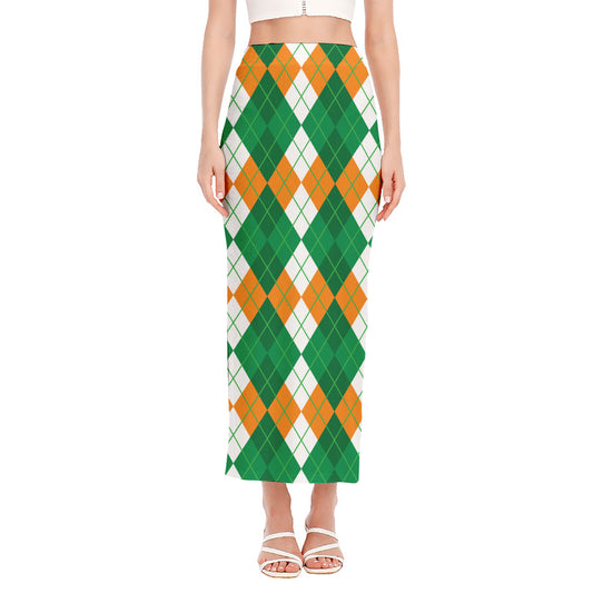 Green Orange And White Argyle Print Side Slit Maxi Skirt