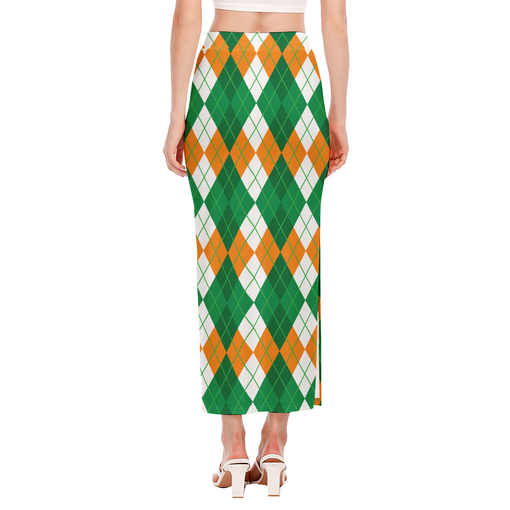 Green Orange And White Argyle Print Side Slit Maxi Skirt