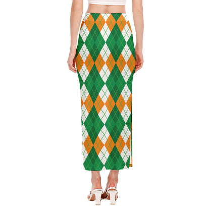 Green Orange And White Argyle Print Side Slit Maxi Skirt