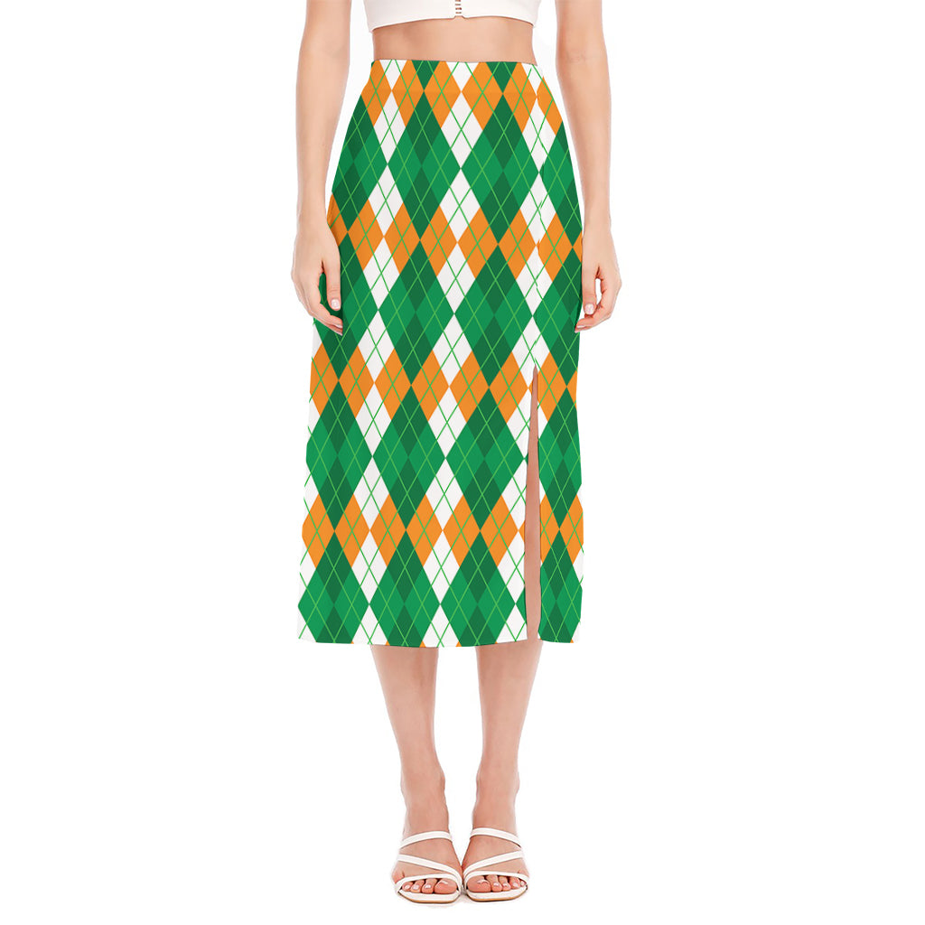 Green Orange And White Argyle Print Side Slit Midi Skirt