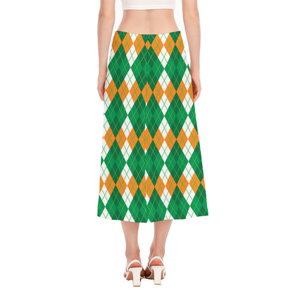 Green Orange And White Argyle Print Side Slit Midi Skirt