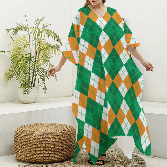 Green Orange And White Argyle Print Silk V-Neck Kaftan Dress