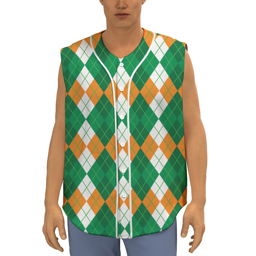 Green Orange And White Argyle Print Sleeveless Baseball Jersey