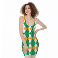 Green Orange And White Argyle Print Sleeveless Bodycon Dress