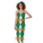 Green Orange And White Argyle Print Slim Fit Midi Cami Dress