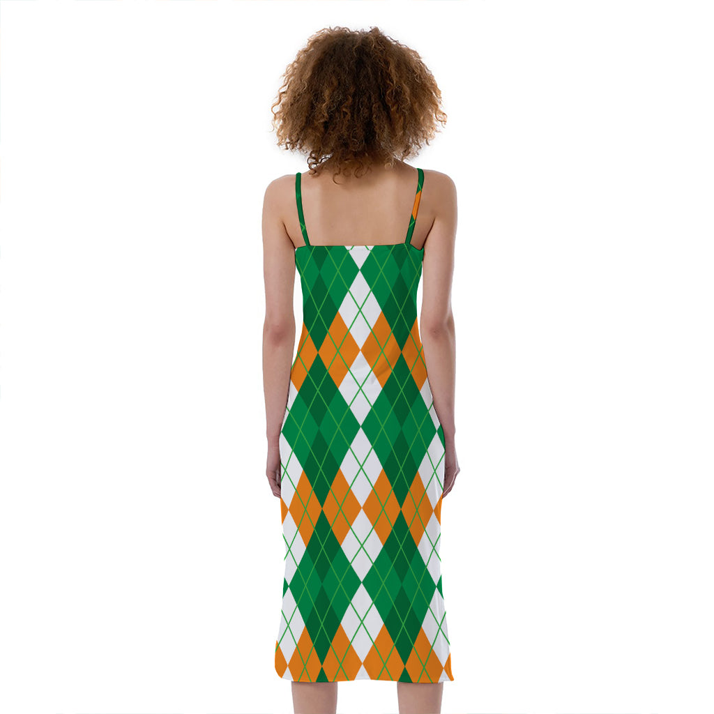 Green Orange And White Argyle Print Slim Fit Midi Cami Dress