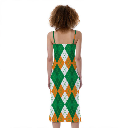 Green Orange And White Argyle Print Slim Fit Midi Cami Dress