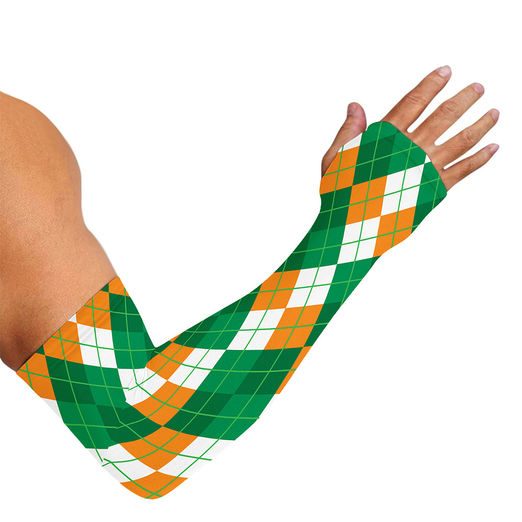 Green Orange And White Argyle Print Sun Protection Arm Sleeves