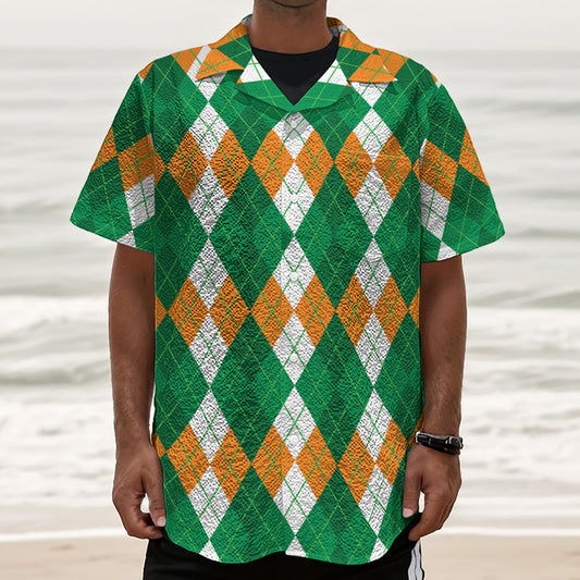 Green Orange And White Argyle Print Textured Short Sleeve Shirt