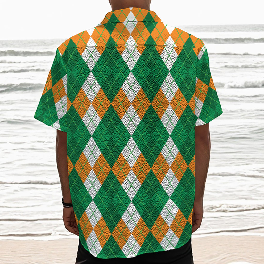 Green Orange And White Argyle Print Textured Short Sleeve Shirt