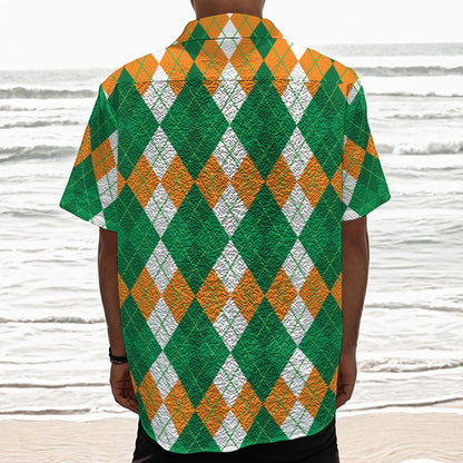 Green Orange And White Argyle Print Textured Short Sleeve Shirt
