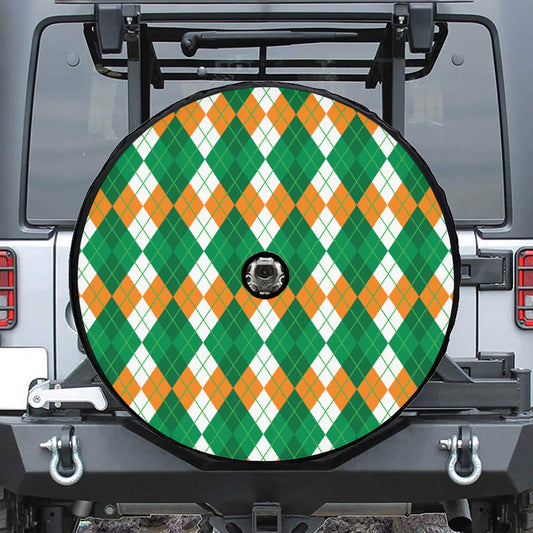 Green Orange And White Argyle Print Tire Cover With Camera Hole