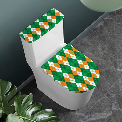 Green Orange And White Argyle Print Toilet Lid And Tank Cover Set