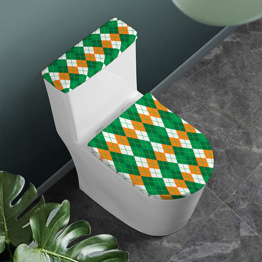 Green Orange And White Argyle Print Toilet Lid And Tank Cover Set