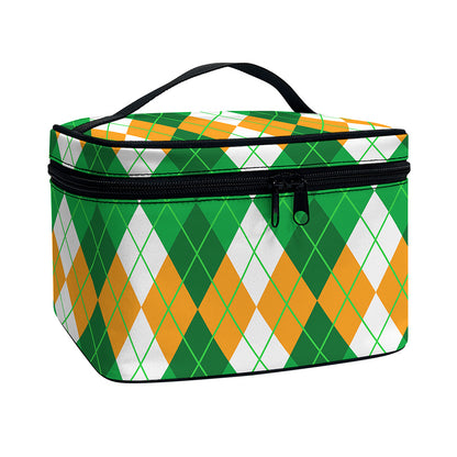 Green Orange And White Argyle Print Travel Makeup Bag