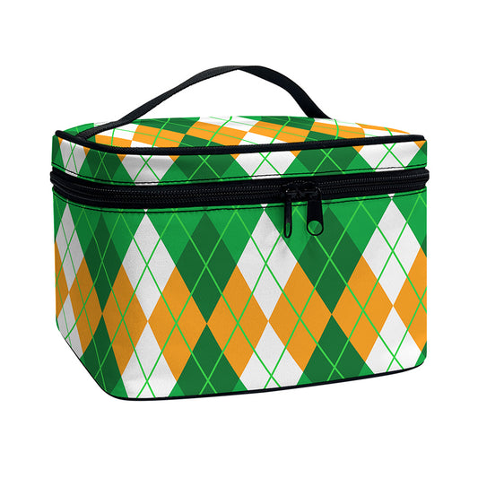 Green Orange And White Argyle Print Travel Makeup Bag