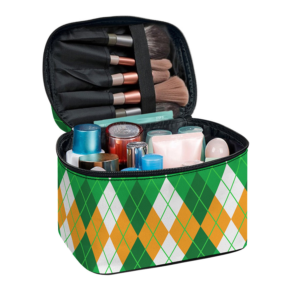 Green Orange And White Argyle Print Travel Makeup Bag
