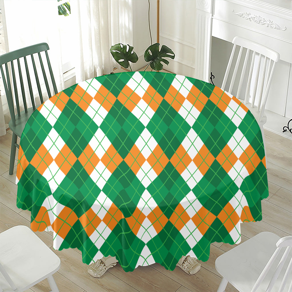Green Orange And White Argyle Print Waterproof Round Tablecloth
