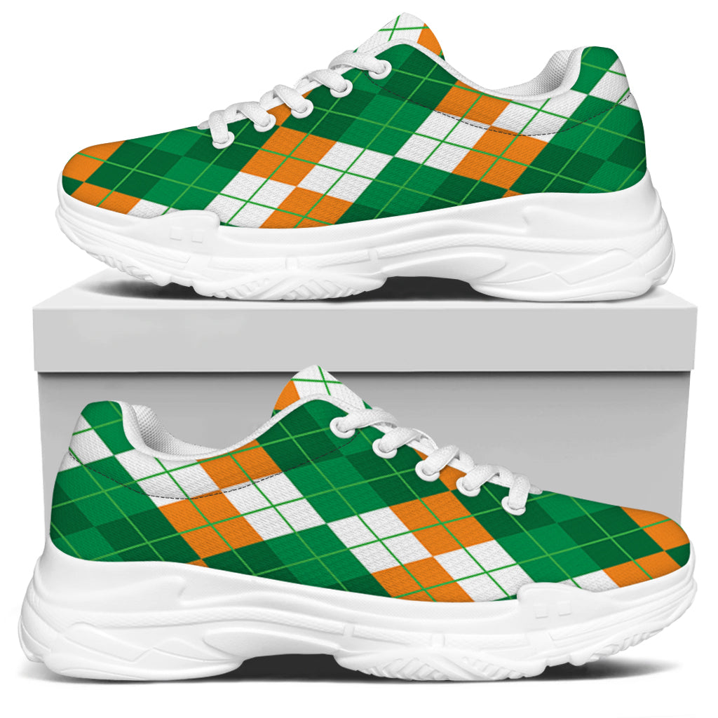 Green Orange And White Argyle Print White Chunky Shoes