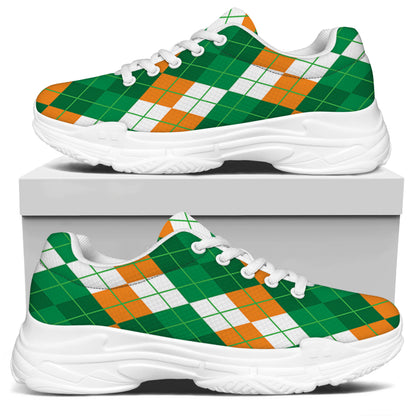 Green Orange And White Argyle Print White Chunky Shoes