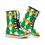 Green Orange And White Argyle Print Winter Boots