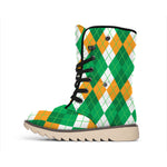Green Orange And White Argyle Print Winter Boots