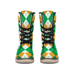 Green Orange And White Argyle Print Winter Boots