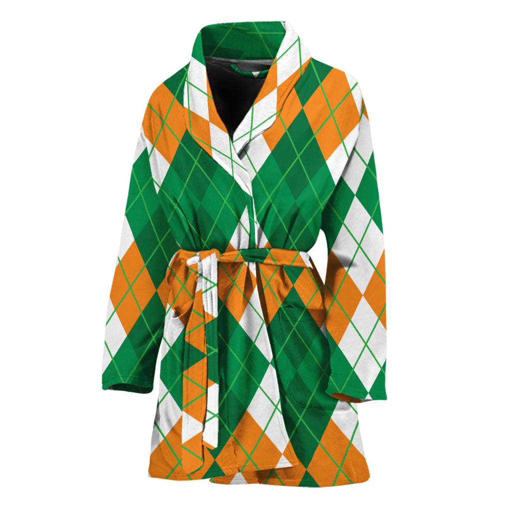 Green Orange And White Argyle Print Women's Bathrobe
