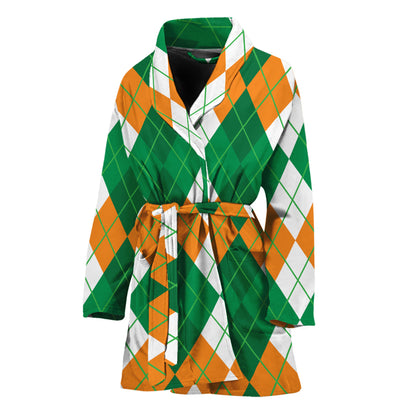 Green Orange And White Argyle Print Women's Bathrobe