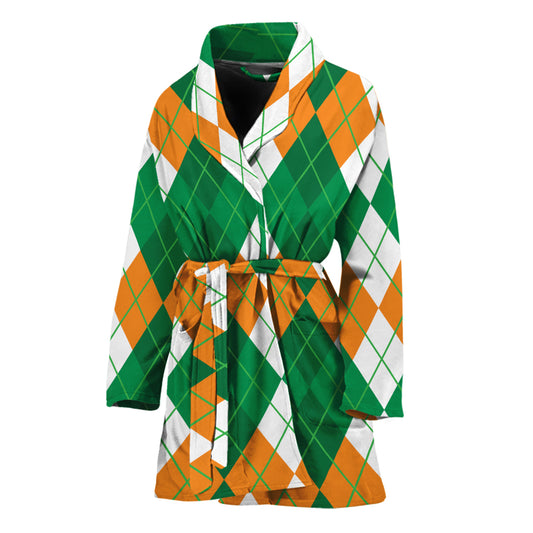 Green Orange And White Argyle Print Women's Bathrobe
