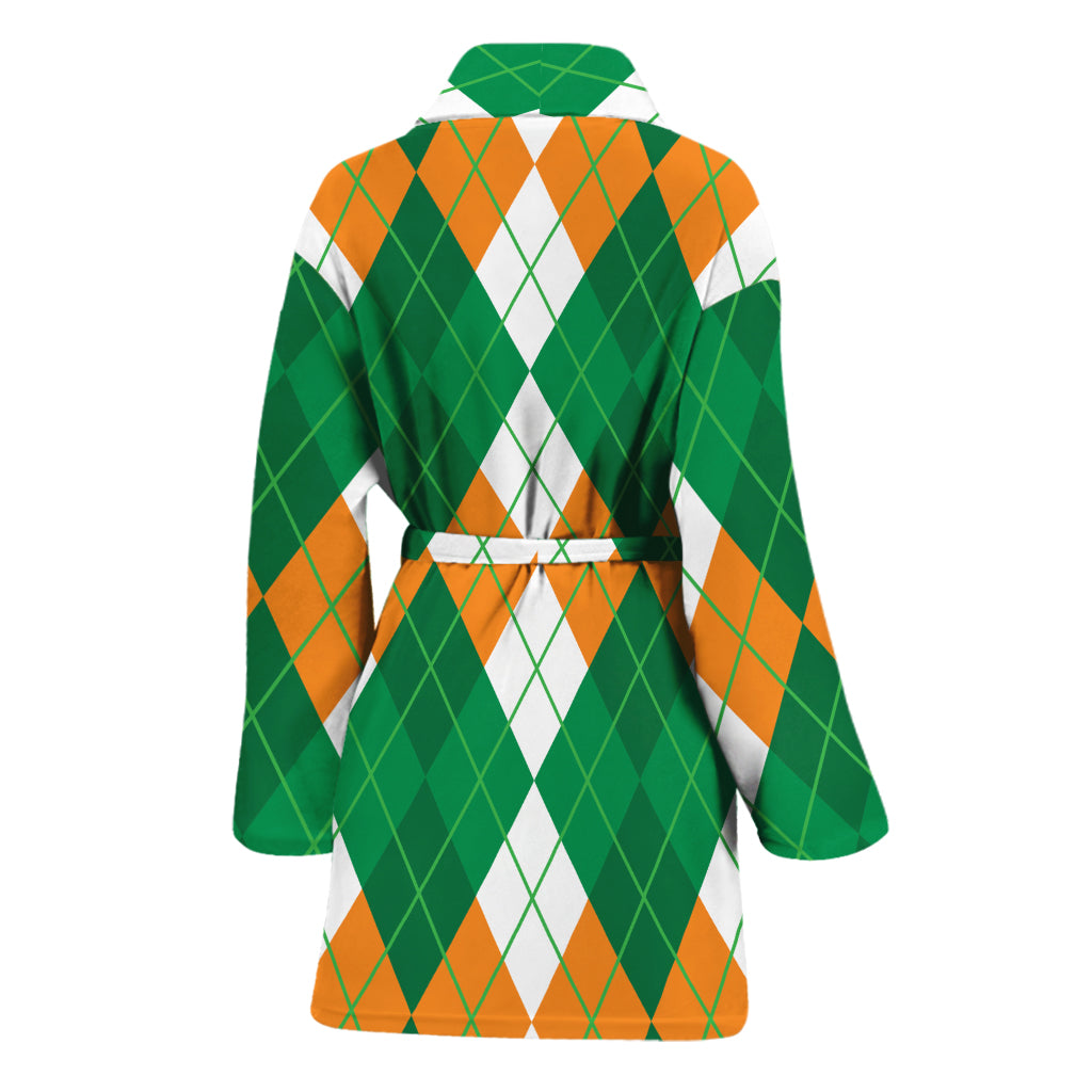 Green Orange And White Argyle Print Women's Bathrobe