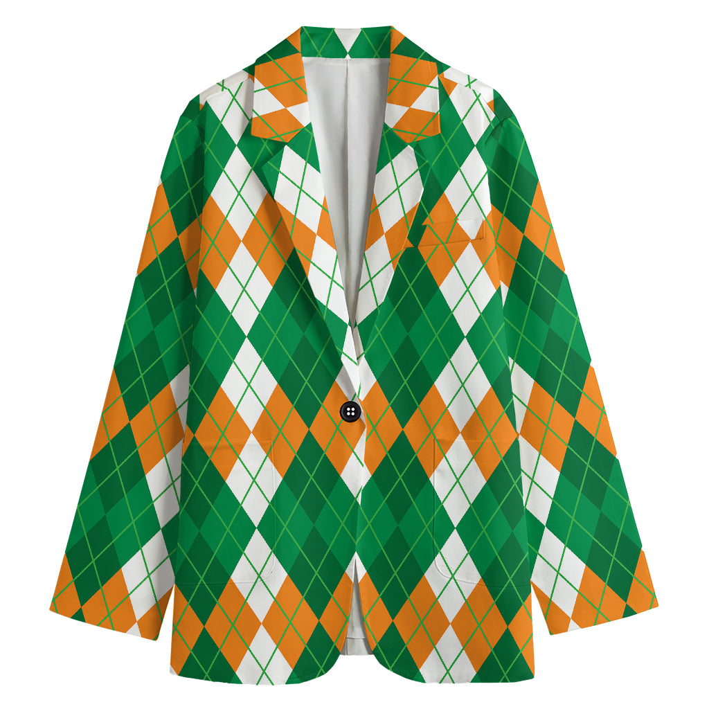 Green Orange And White Argyle Print Women's Blazer