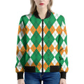 Green Orange And White Argyle Print Women's Bomber Jacket