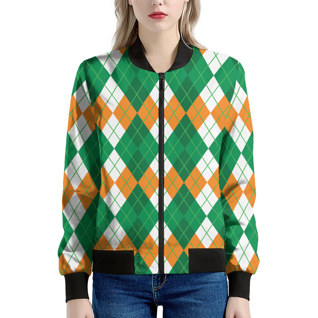 Green Orange And White Argyle Print Women's Bomber Jacket