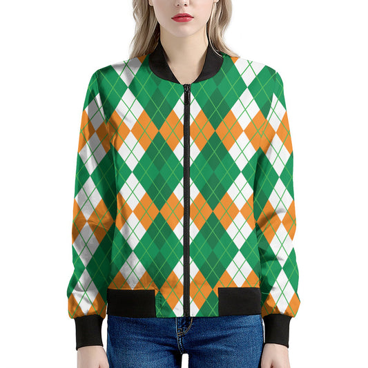 Green Orange And White Argyle Print Women's Bomber Jacket