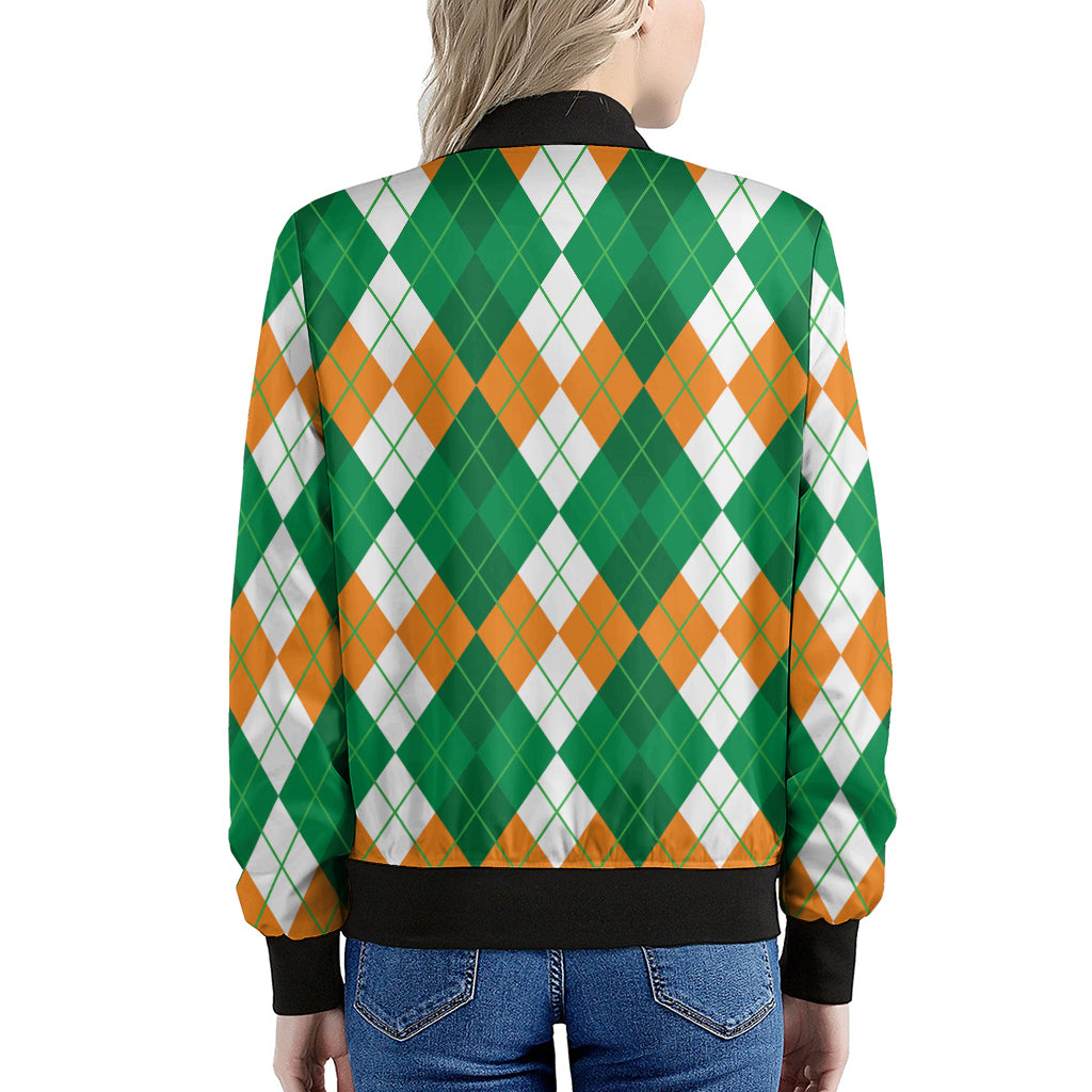 Green Orange And White Argyle Print Women's Bomber Jacket