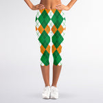 Green Orange And White Argyle Print Women's Capri Leggings