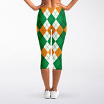 Green Orange And White Argyle Print Women's Capri Leggings