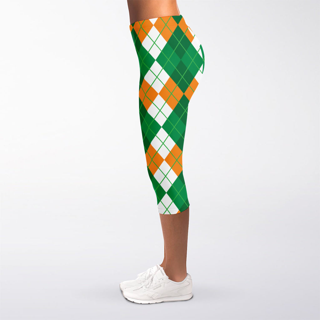 Green Orange And White Argyle Print Women's Capri Leggings