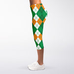 Green Orange And White Argyle Print Women's Capri Leggings